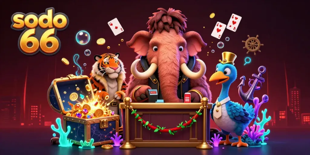Sodo 66 casino features a woolly mammoth checking IDs, saber-tooth tiger VIP, and dodo bird doorman amidst vibrant underwater treasures.