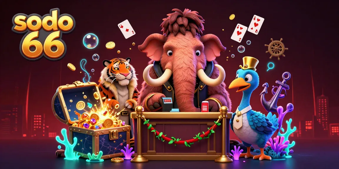 Sodo 66 casino features a woolly mammoth checking IDs, saber-tooth tiger VIP, and dodo bird doorman amidst vibrant underwater treasures.