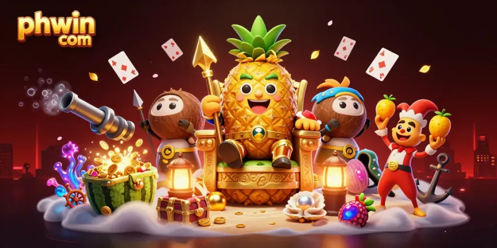 Experience thrilling gameplay at phwin com with vibrant casino characters on a tropical beach.