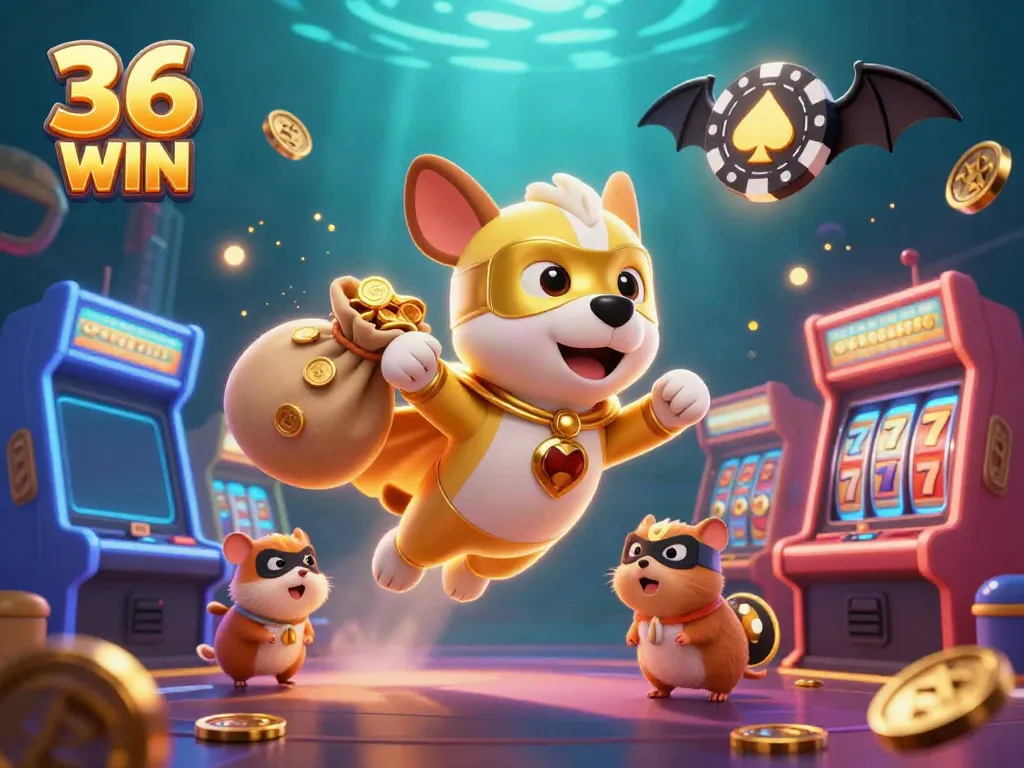 Engage with the exciting world of 36 WIN, featuring a superhero dog and vibrant casino elements.