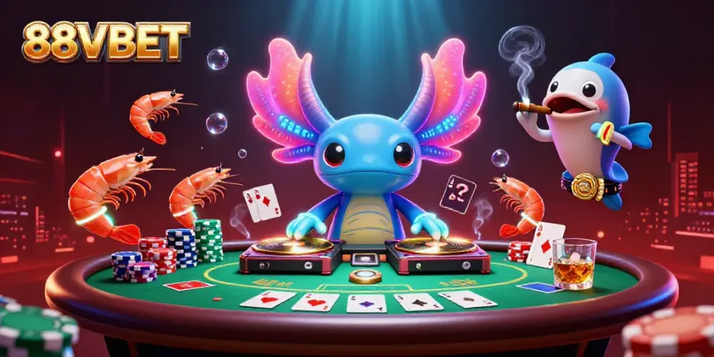 Experience the vibrant energy of 88VBET with this colorful casino scene featuring a DJ axolotl.