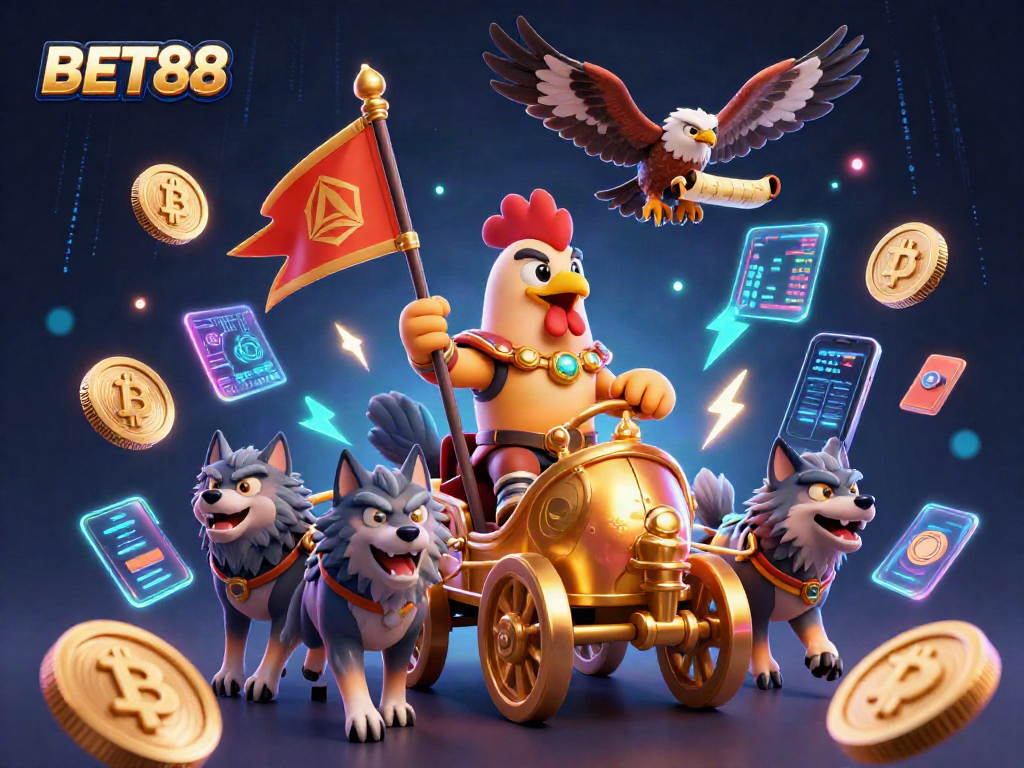 Join the thrilling adventure at BET88 casino with our dynamic 3D illustration featuring crypto gaming elements.