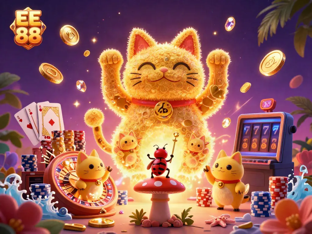 Experience thrilling moments with EE 88's lucky cat surrounded by casino symbols and sparkling gems.