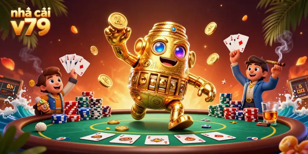 Engage with thrilling poker action at nhà cái v79 featuring a golden golem, chips, cards, and vibrant casino elements.