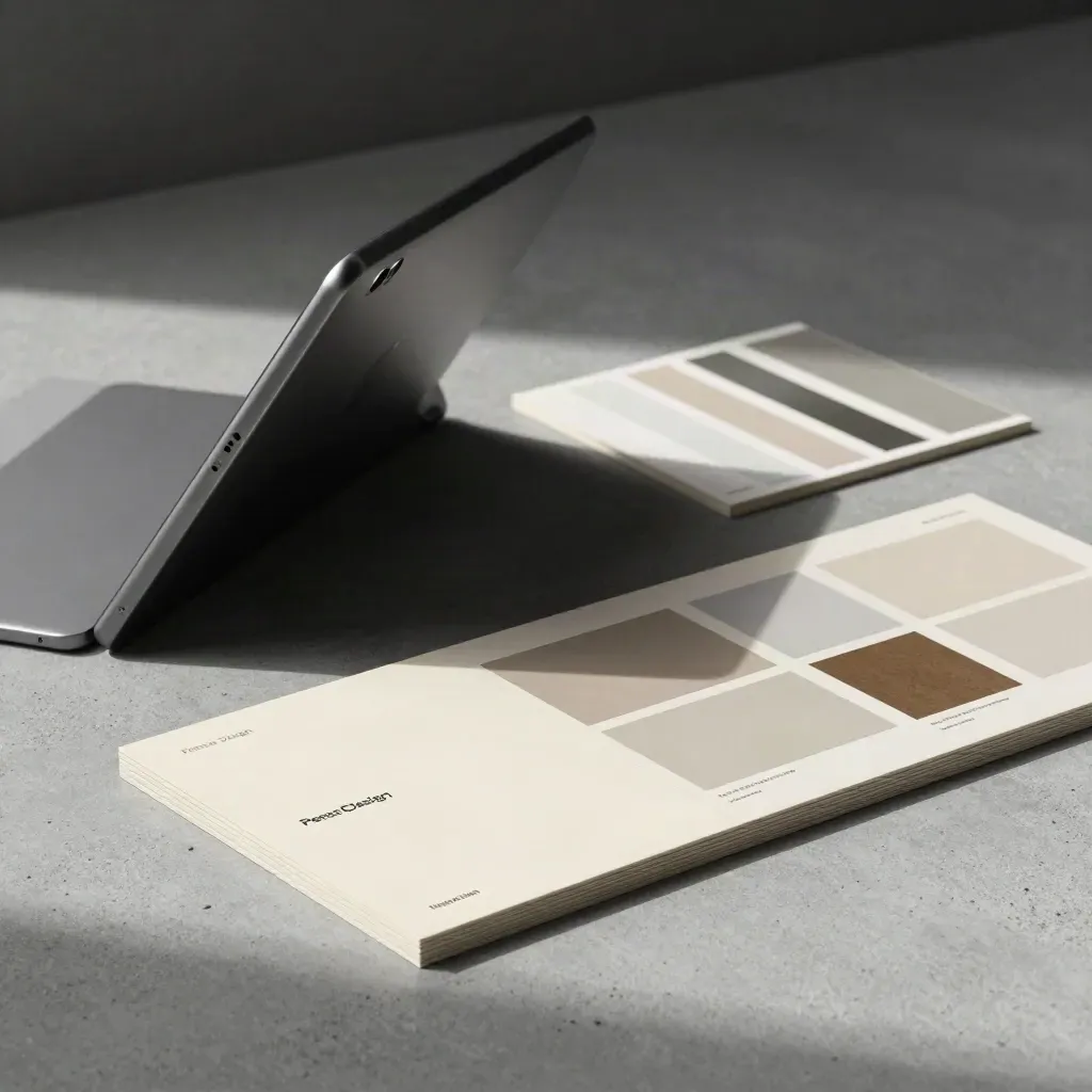 Mockup ordinato per landing page con tablet spento, carte avorio e campioni neutri.