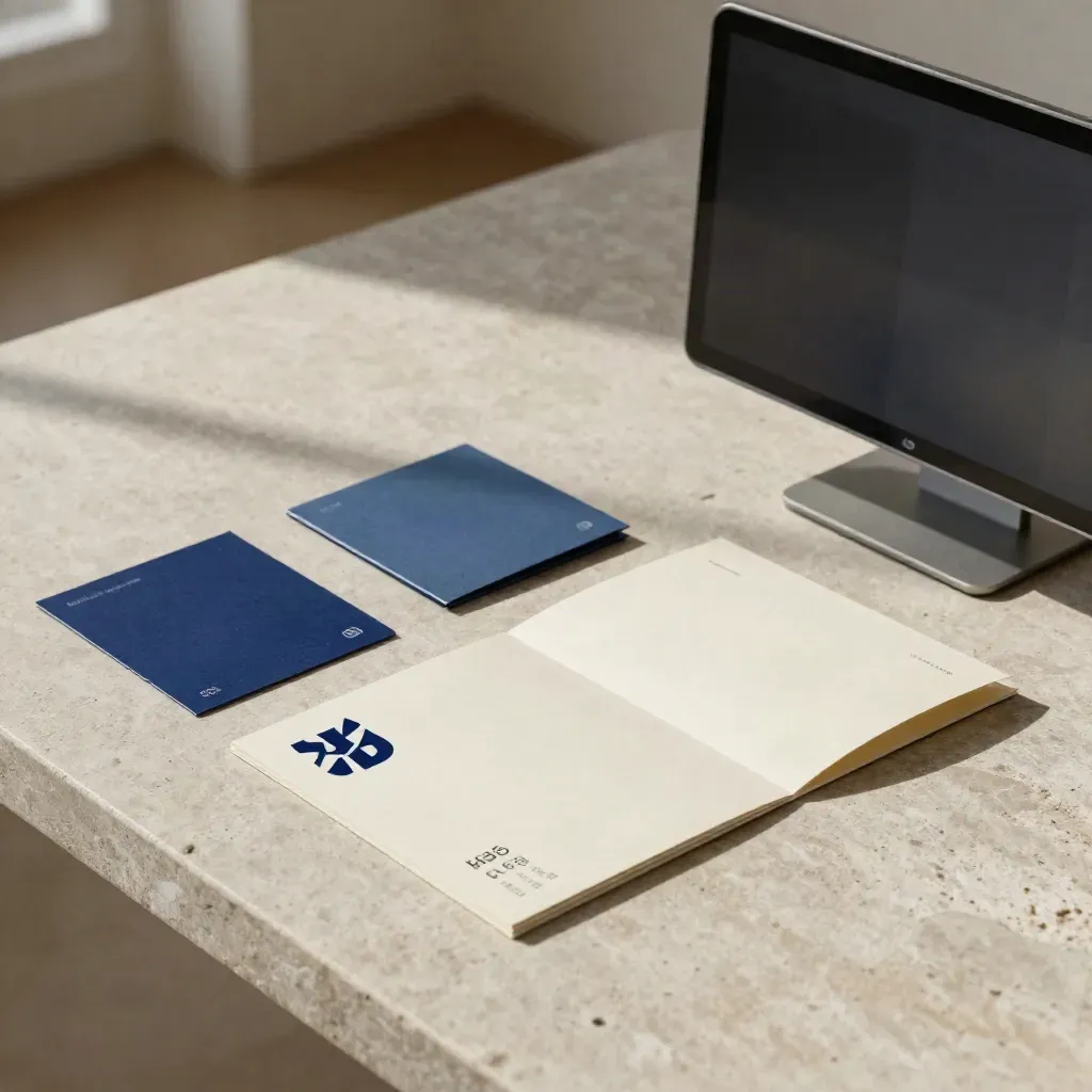 Kit visivo startup con board logo, palette, sleeve e display spento su tavolo in pietra.
