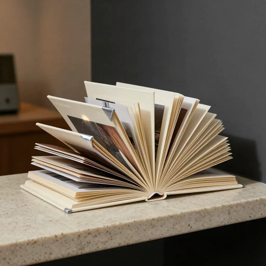 Deck fisico per clienti su mensola in travertino, con pagine sfogliate e dettaglio metallico satinato.