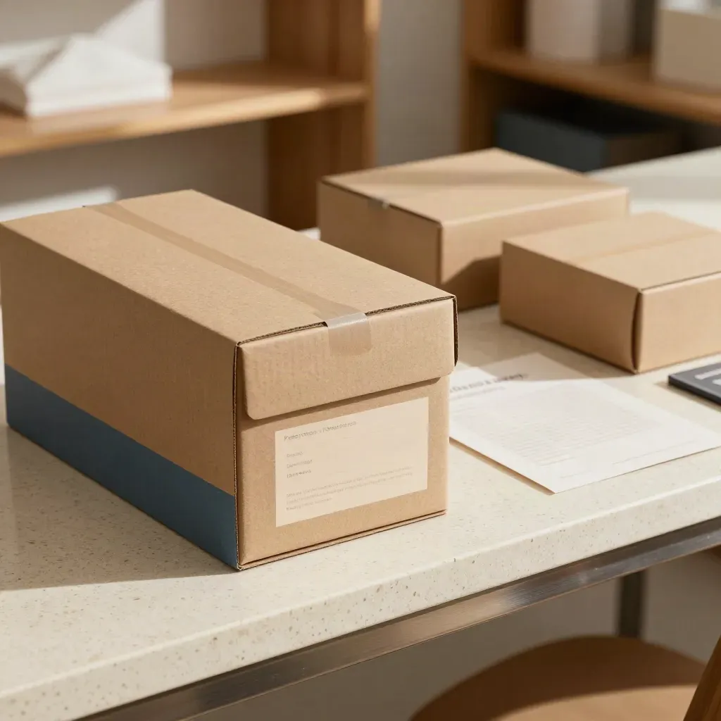 Kit brand e-commerce con scatole, etichette e schede prodotto su banco in travertino.