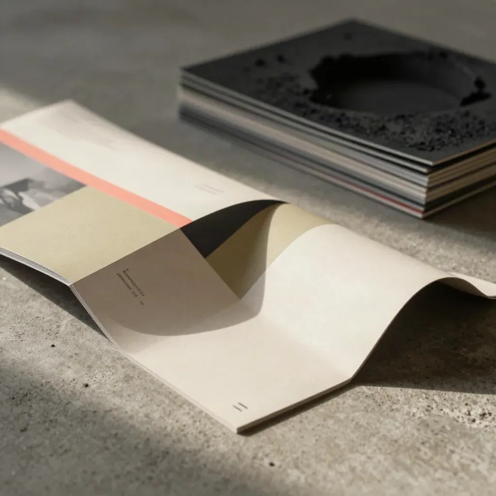Foldout di moduli neutri con display spento su pavimento concreto, luce radente e accento corallo.
