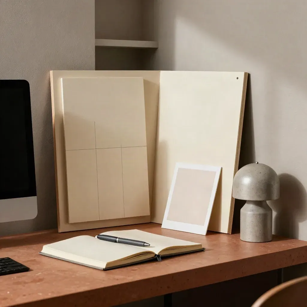 Postazione freelance con board identitari, monitor spento, notebook chiuso e lampada scultorea.