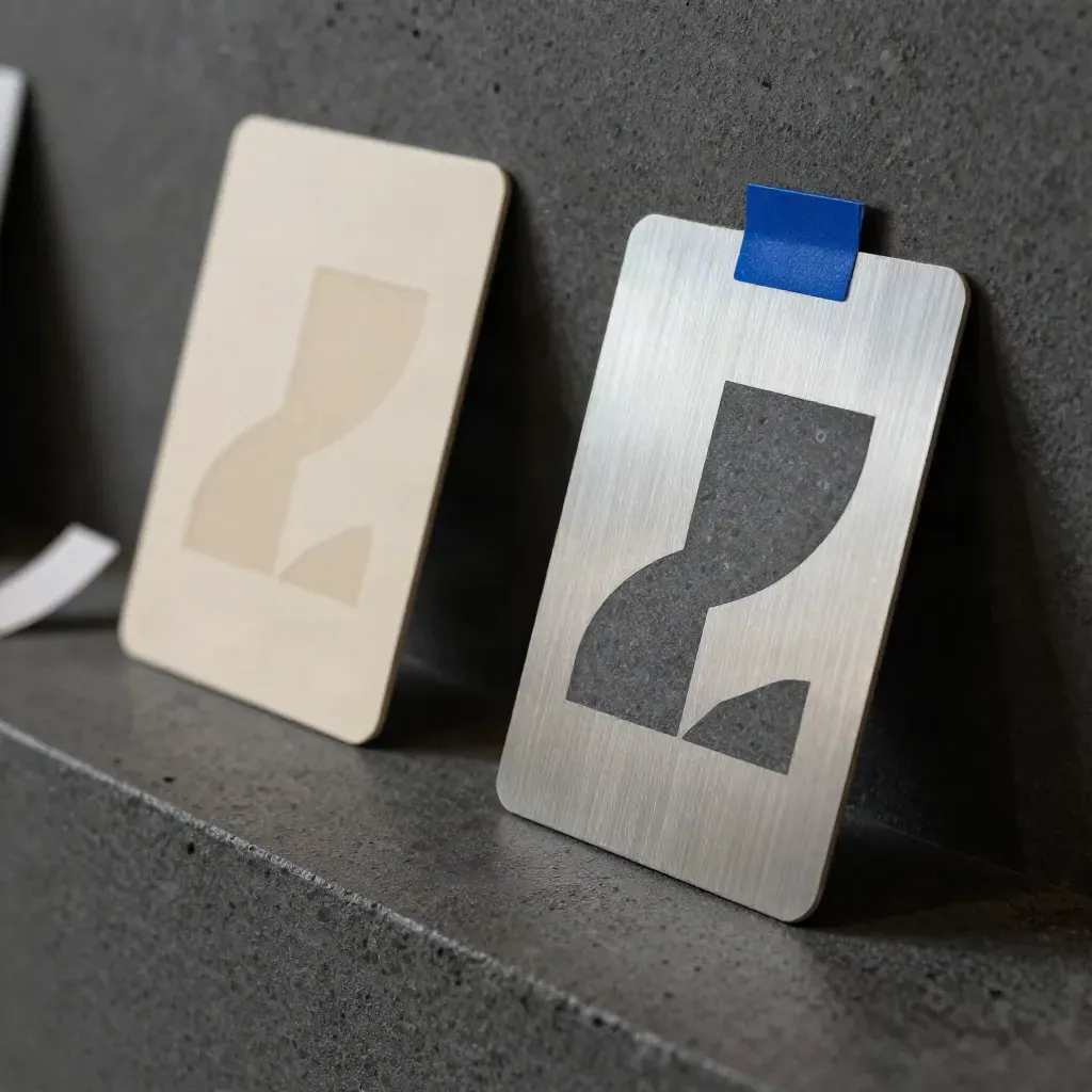 Schede fisiche per naming e logo in un’alcova scura, con pietra, metallo e carta.