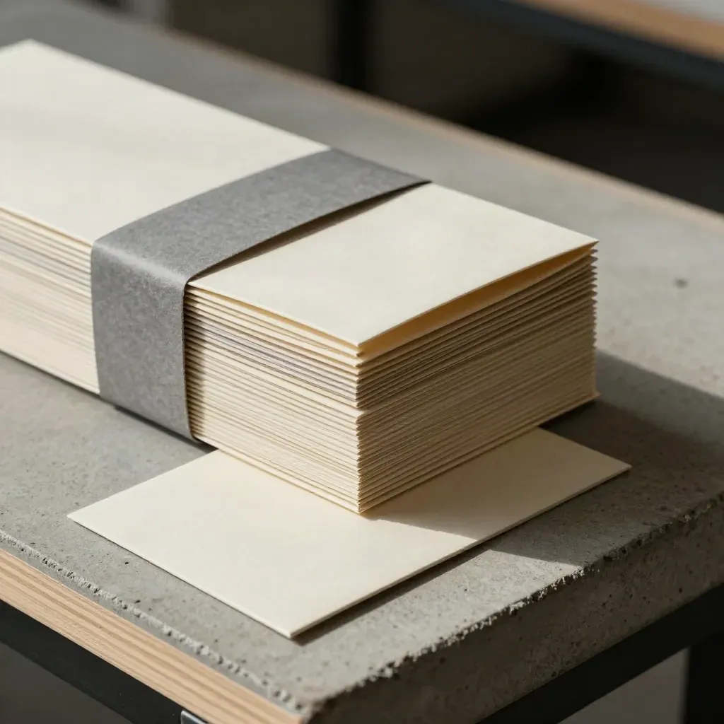 Mockup di packaging leggero con box e sleeve impilati, vista macro laterale.