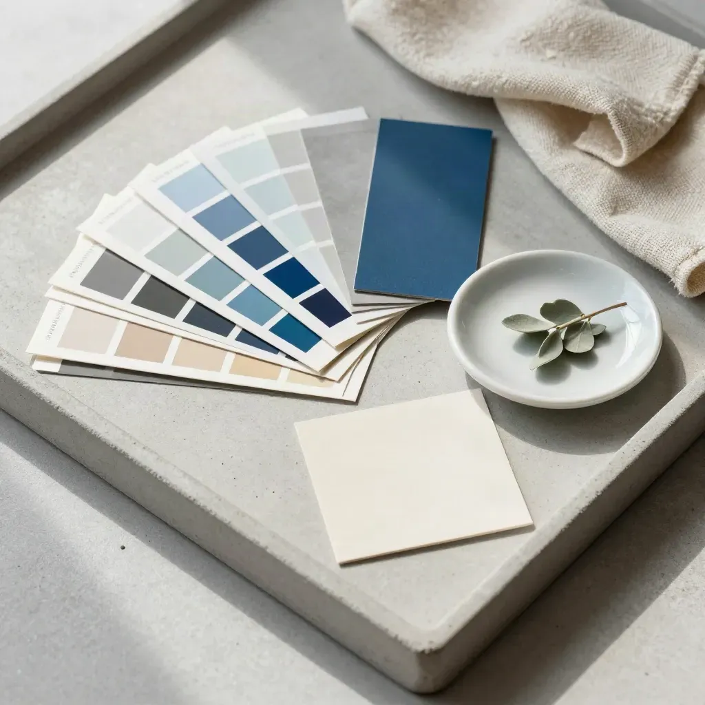 Flat lay con chip colore, panno piegato, piantina e piattino su vassoio in cemento.