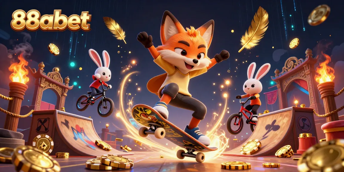 Skateboarder fox and BMX rabbit perform tricks at 88abet casino-style ramp, surrounded by vibrant gaming elements.