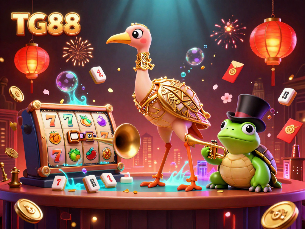 Experience the excitement of TG88 slots with vibrant characters and casino elements in a lively celebration.