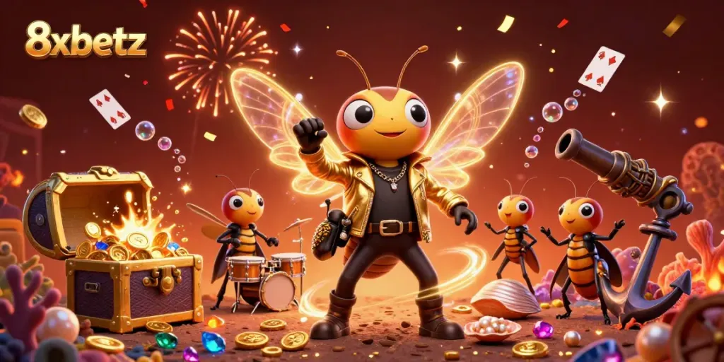 Experience vibrant 8xbetz gaming action with a cicada rock star and coral treasures dynamically illustrated.