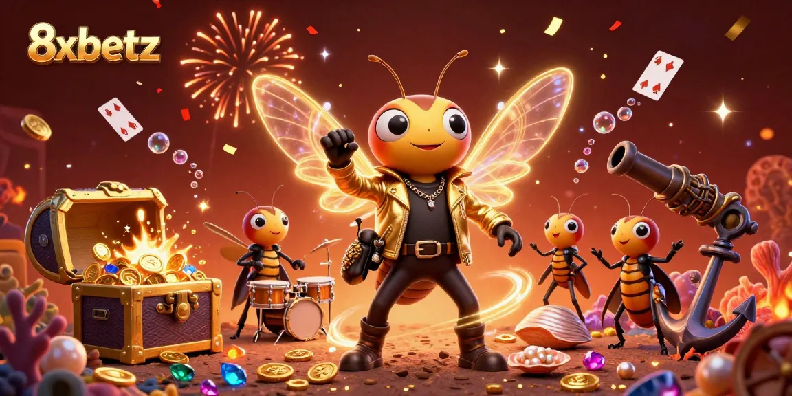 Experience vibrant 8xbetz gaming action with a cicada rock star and coral treasures dynamically illustrated.