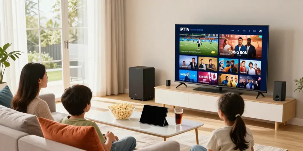 Miglior IPTV experience in a modern living room with family watching content on a Smart TV.