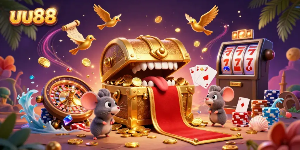 Win big with uu88 online in this vibrant casino illustration showcasing dynamic gaming elements.