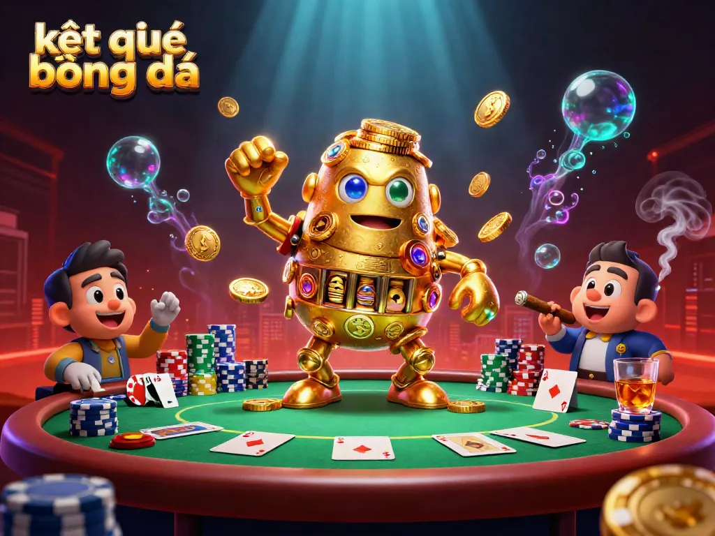 Dynamic scene showcasing kết quả bóng đá with a golden golem, poker elements, glowing effects, and vibrant colors.