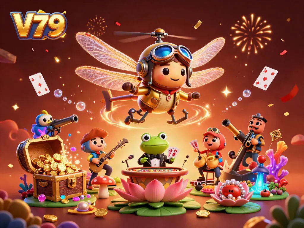 Experience the vibrant gaming world of V79 with dragonfly pilot and frog croupier in a lively casino scene.