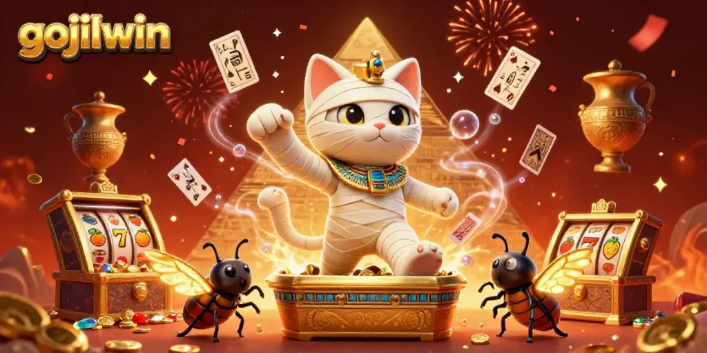 Spin the gojiliwin slots with an Egyptian mummy cat bursting from a sarcophagus, gold coins, and vibrant playing cards.
