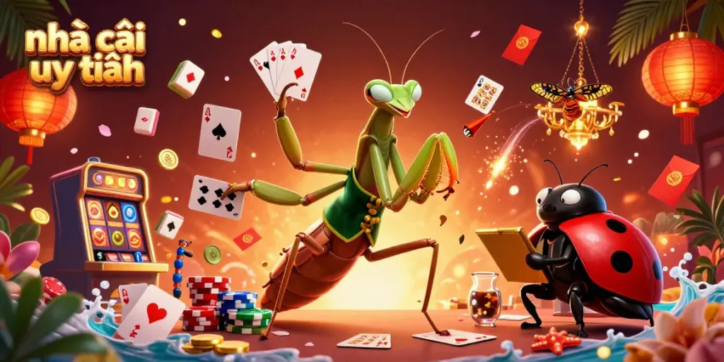Experience 'nhà cái uy tín' with a vibrant casino scene full of 3D characters and gambling elements.