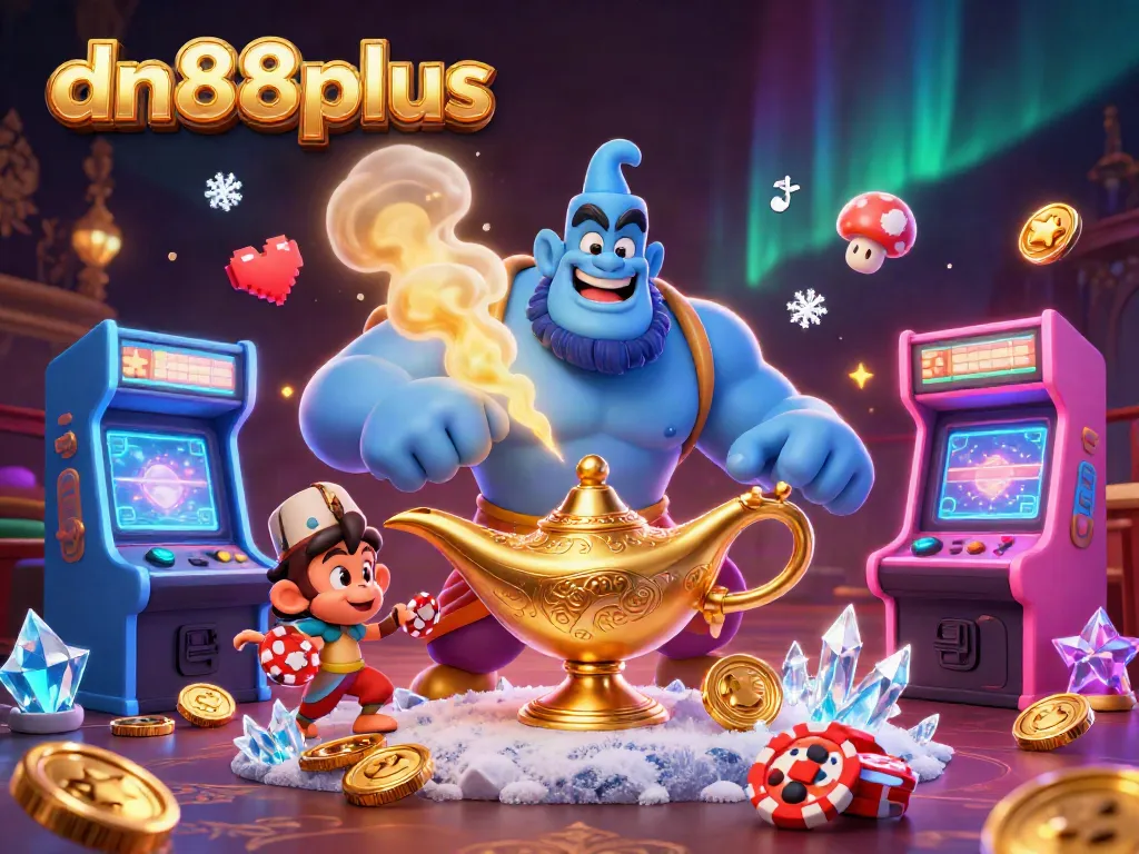 Play and win with dn88plus in this vibrant 3D casino scene featuring dynamic game elements.