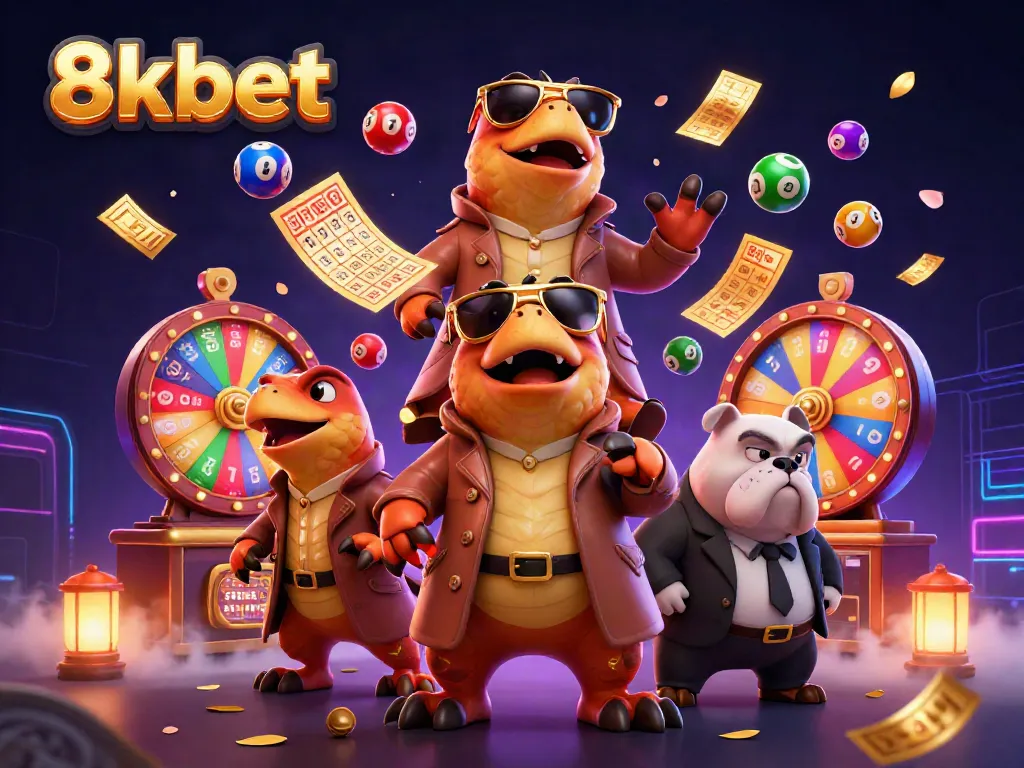 Engage with thrilling casino action at 8xbet featuring playful characters in a vibrant setting.
