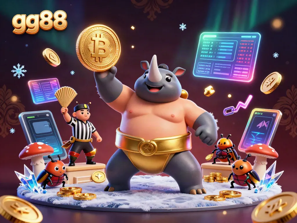 Experience the excitement of gg88 with a dynamic 3D illustration showcasing a cartoon sumo beetle champion surrounded by glowing cryptocurrency elements.