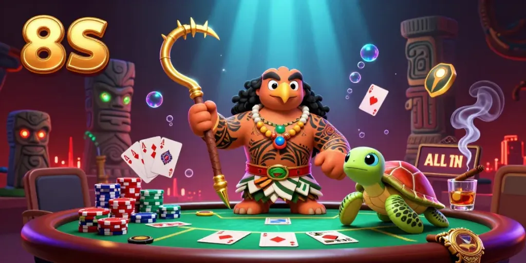 Engage in thrilling gameplay with the vibrant 8 S poker scene featuring a tribal hawk and turtle.