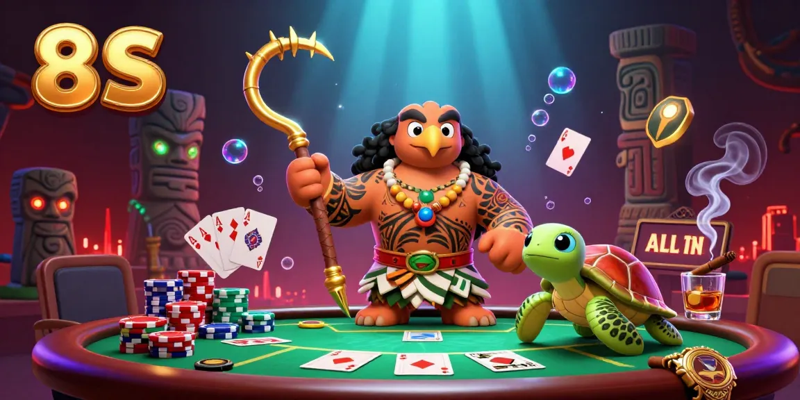 Engage in thrilling gameplay with the vibrant 8 S poker scene featuring a tribal hawk and turtle.