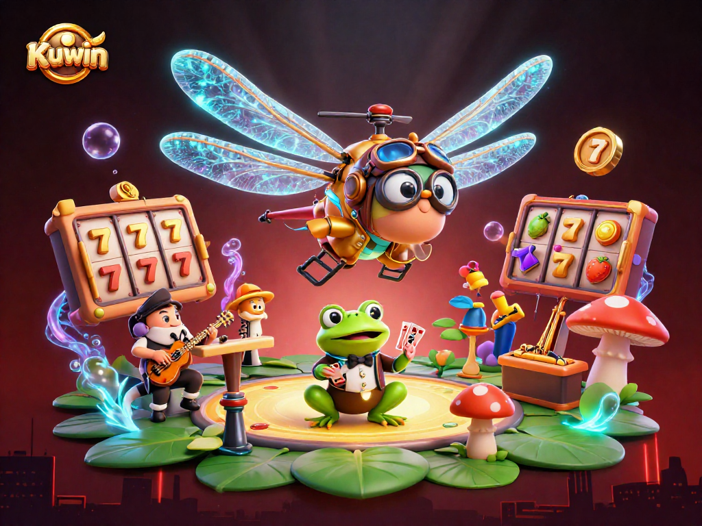 Kuwin offers an exciting casino experience featuring a dragonfly pilot and a frog croupier amidst vibrant slot machines.