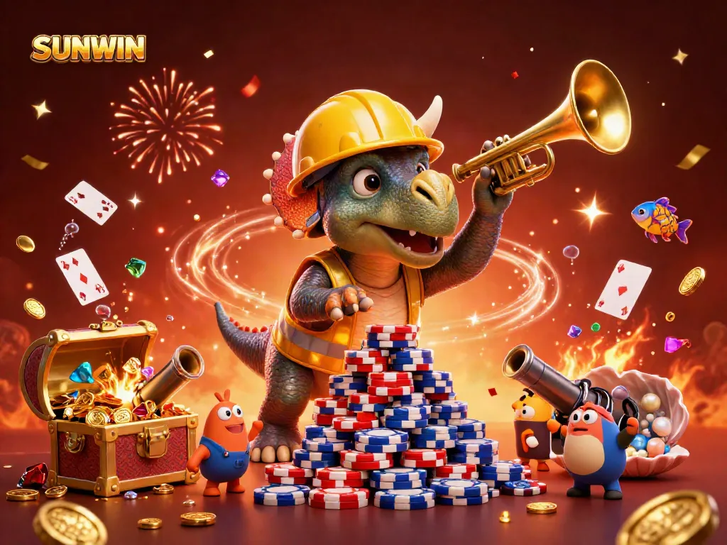 SUNWIN's lively casino adventure scene featuring a triceratops celebrating with poker chips and treasure.