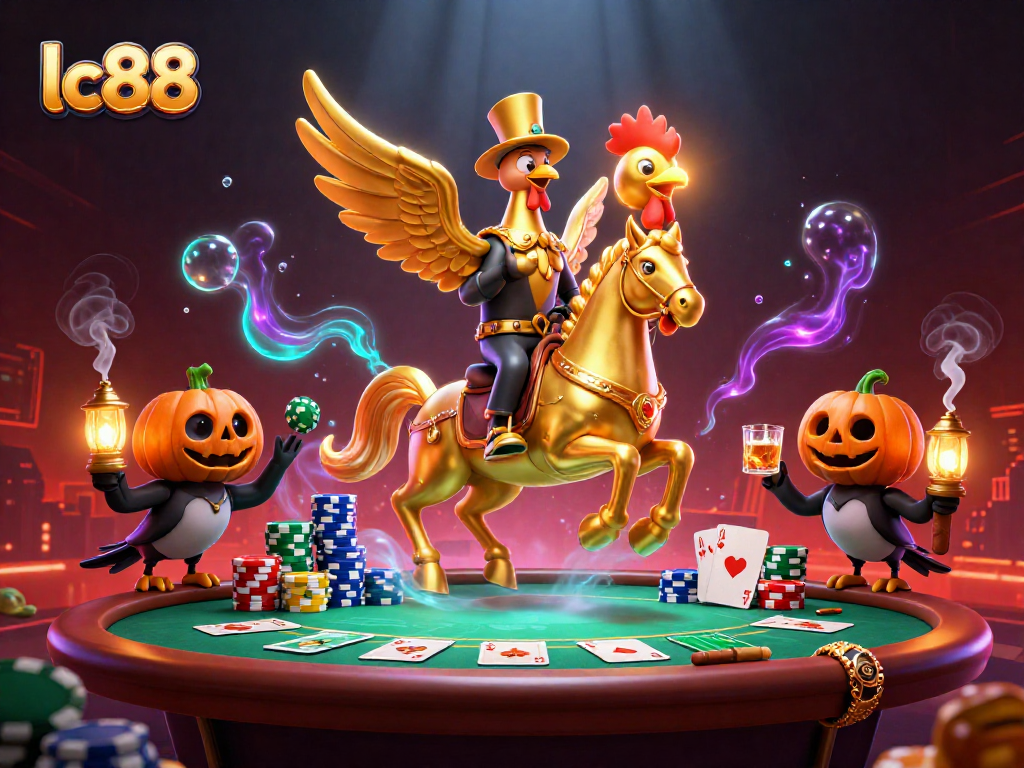 Experience thrilling gameplay at lc88 with a golden rooster in a lively casino scene.