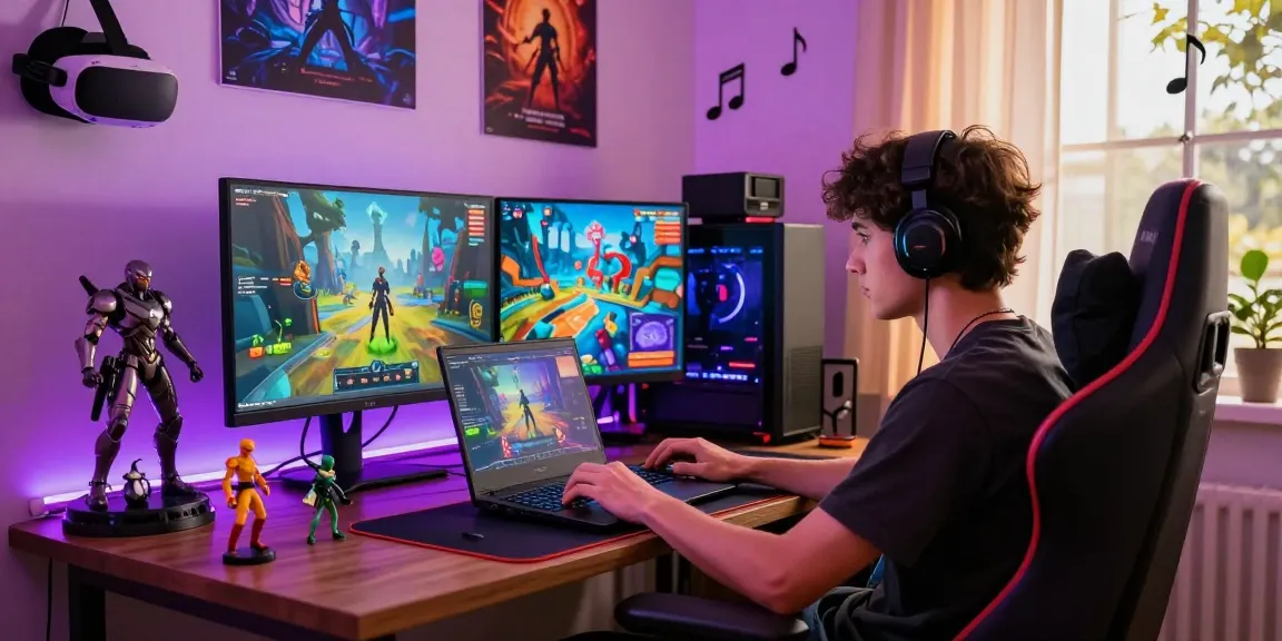 Engaging gaming scene where a player explores transformation porn games, surrounded by gaming gear and vibrant decor.