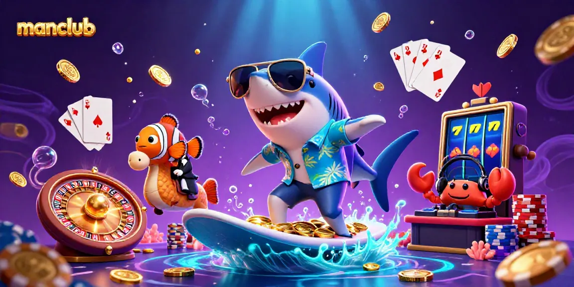 Experience thrilling gameplay at Manclub, featuring dynamic characters like a hammerhead shark and clownfish amid cascading coins and casino elements.