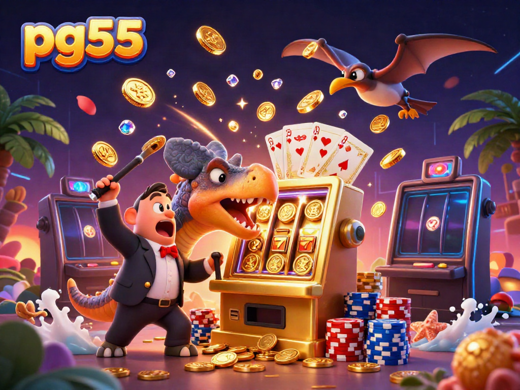 pg55 slot machine scene with dinosaurs, casino elements, and flying coins in a vibrant setting