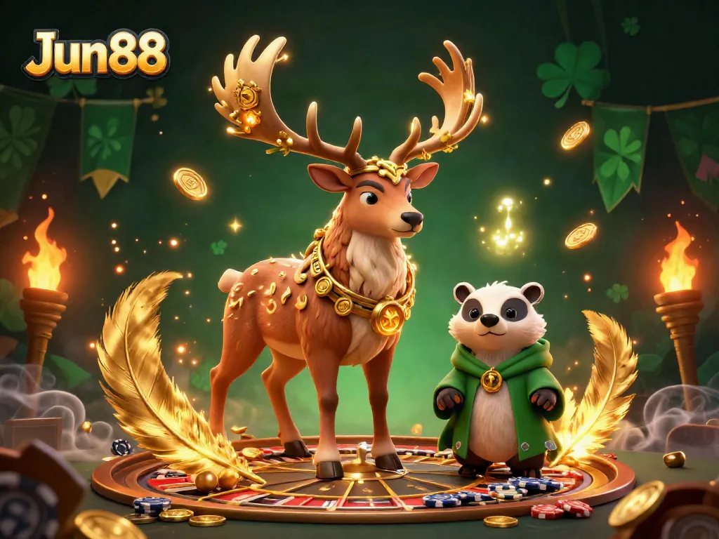 Engage in thrilling bets at Jun88, featuring a dynamic casino scene with a druid stag and casino elements.