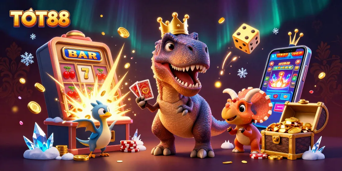 Engage with fun at TOT88’s casino scene showcasing vibrant characters, cards, and jackpots.