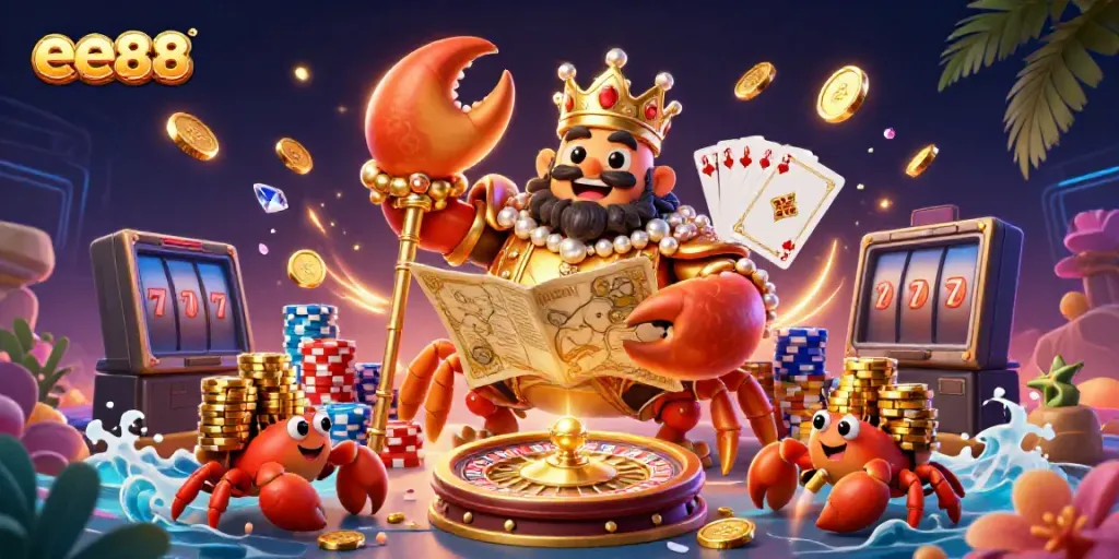 Engage with thrilling casino games at ee88 featuring a vibrant golden crab emperor and treasure elements.