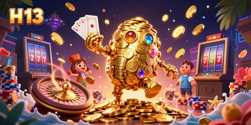 Spin the reels in H 13-themed slot adventure surrounded by golden golems and casino elements.