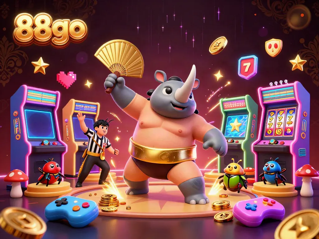 Experience thrilling casino action with 88go and a cartoon rhinoceros beetle champion celebrating wins in a dynamic illustration.