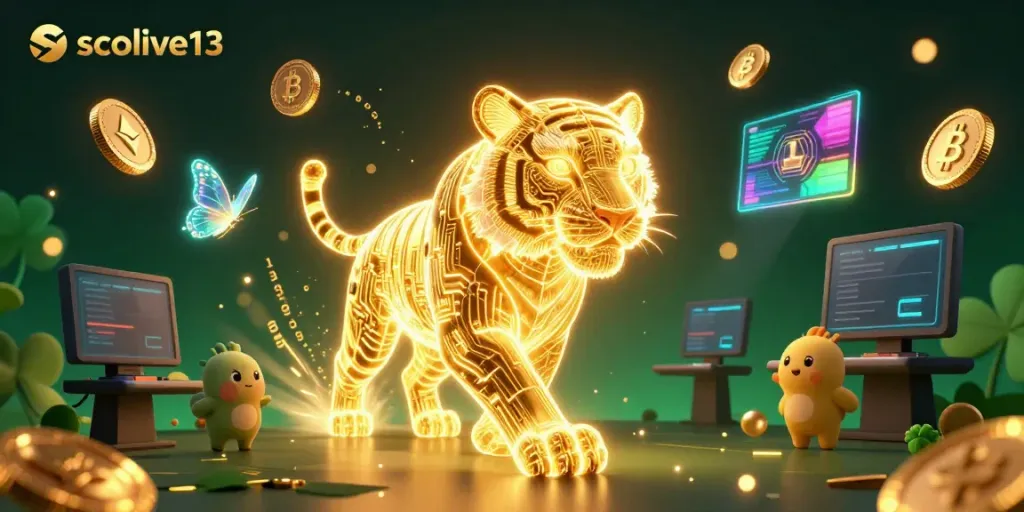 Experience the vibrant energy of socolive13 with a luminous golden tiger in a digital casino, showcasing crypto elements.