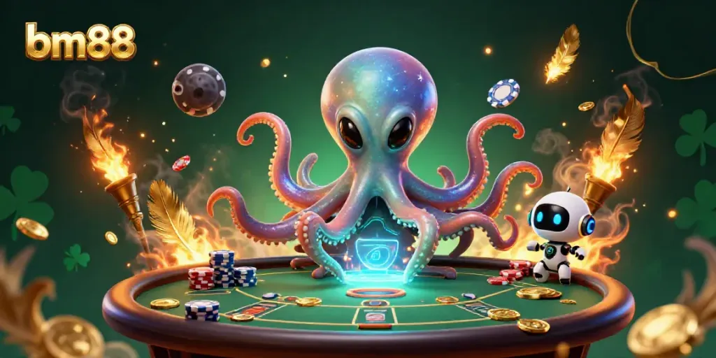 Engage with bm88's vibrant casino scene featuring an alien octopus playing poker amidst gold and excitement.