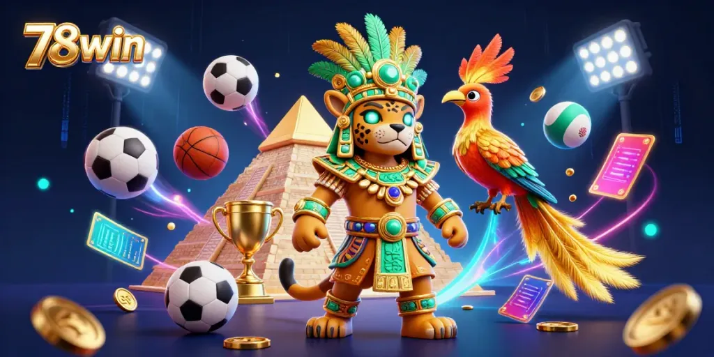 Experience thrilling gameplay with 78win's vibrant illustration of a Mayan jaguar priest, sports elements, and dynamic energy.