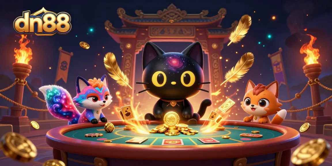 Engage in exciting gameplay at dn88 with a cosmic-themed 3D illustration of a black hole cat and vibrant creatures.