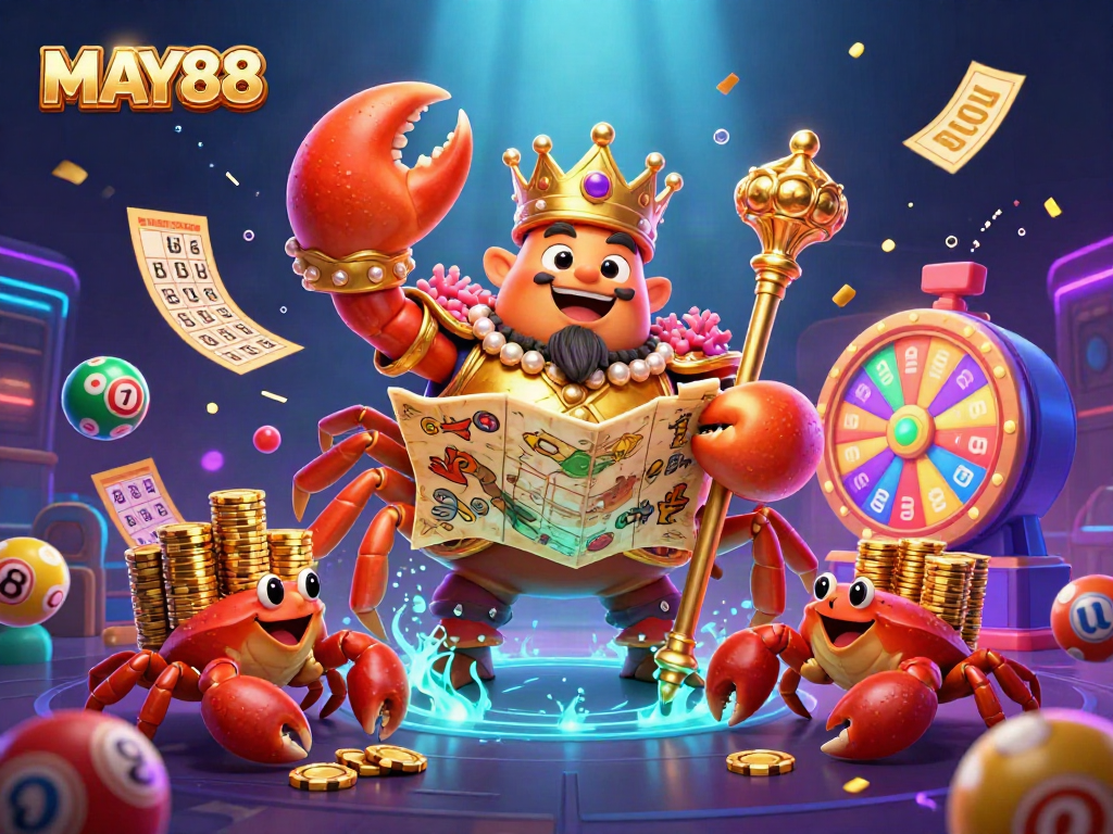 Experience thrills with MAY88's vibrant casino scene featuring a majestic golden crab and rich game elements.