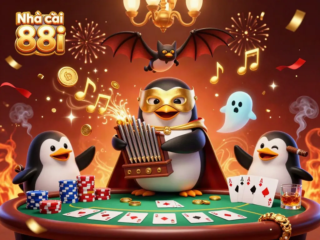 Experience the excitement of Nhà cái 88i with a captivating 3D digital illustration featuring a penguin playing an organ amidst vibrant casino elements.