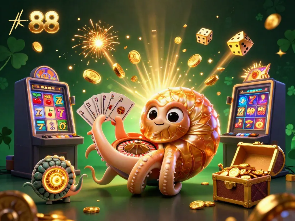 Experience the excitement of tk 88 with a vibrant 3D casino scene featuring a giant nautilus roulette wheel.
